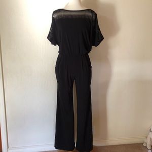 039. BCX Mesh Shoulder Top Black Jumpsuit with Pockets